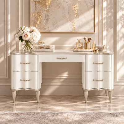 Coiffeuse London Place avec plateau en marbre - Perle crème