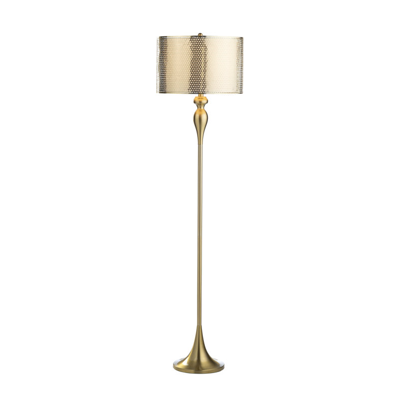 Lampe sur pied avec abat-jour double tambour, Or brossé