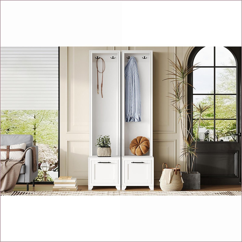 Coat Racks Set of 2, White French Retro 3-in-1 Hall Tree with Bench, Drawers &amp; Hooks | White | MDF, White