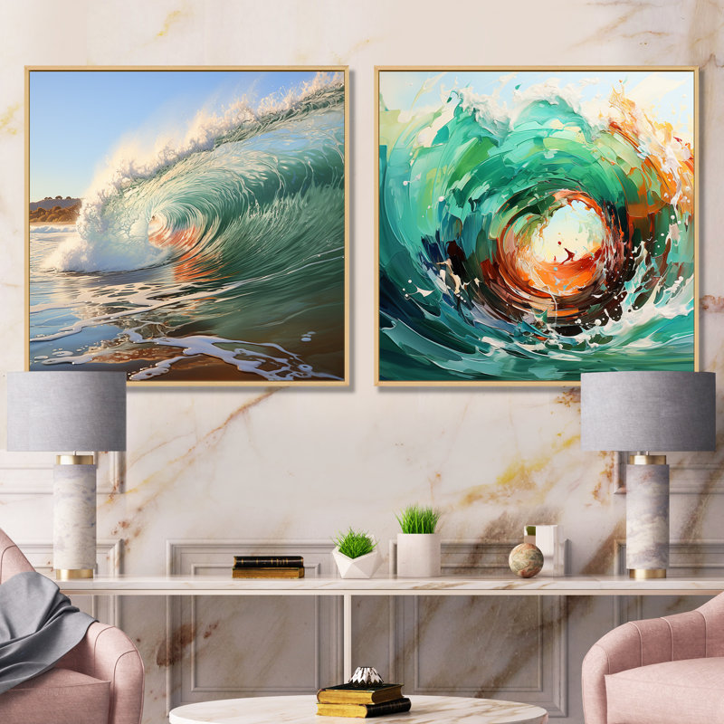«Rolling Surf Waves I», ensemble de 2 toiles abstraites modernes sur toile, Cadre flottant brun, H 30 po x l 61 po x P 1 po