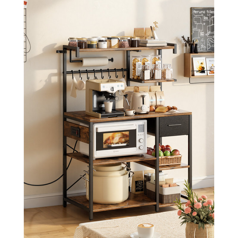 Étagère de boulanger de cuisine, étagère de boulanger avec câble d'alimentation de 4,6 pi avec prise de courant, support de cuisine avec barre de support en forme de X, 8 crochets en forme de S, support de bar à café pour vaisselle, bouteilles à épices, multiprise intégrée