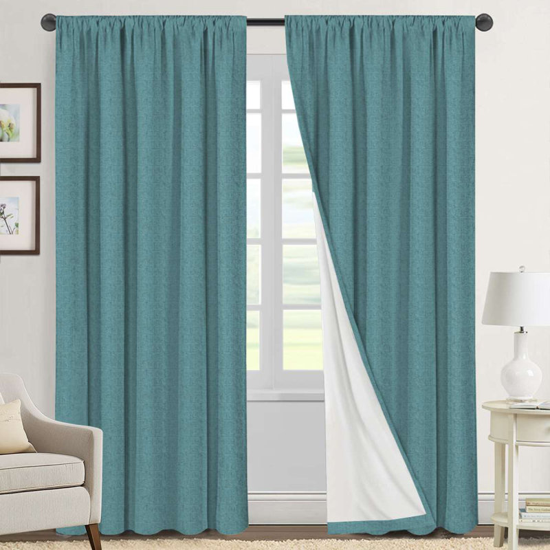 Linen Look 100% Blackout Curtains for Bedroom Full Light Blocking Rod Pocket 42 Inches Wide Linen Textured Thick Window Curtain Drapes with Backing