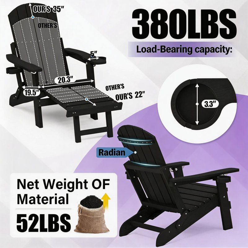 Chaise Adirondack avec repose-pieds rétractable Adirondack avec dossier réglable et repose-pieds, Noir