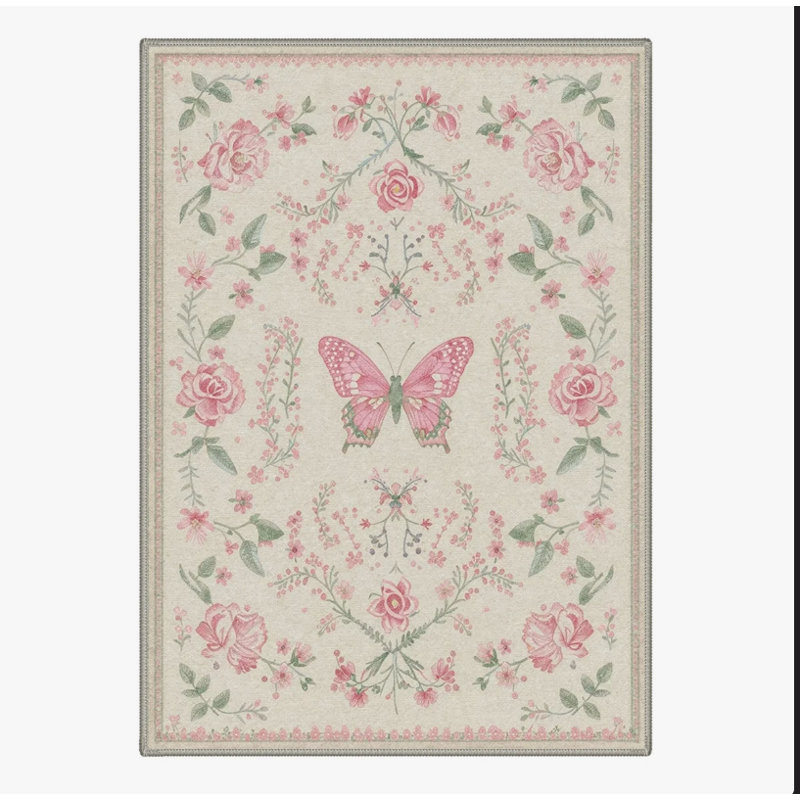 Tapis vintage à motifs floraux et papillons, lavable à la machine, rose poudré et vert pâle, antidérapant, pour salon ou chambre.