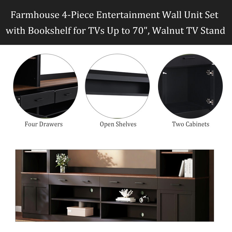 Farmhouse 4-Piece Entertainment Wall Unit Set With Bookshelf For Tvs Up To 70", Walnut TV Stand With Adjustable Shelves, Mid-Century Large Media Console With Wine Rack For Living Room