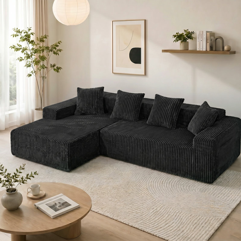 Modern Oversized 262cm Boneless Corner Sofa L-Shaped Corduroy Sofa With Storage Pockets, Left Hand Facing, Black