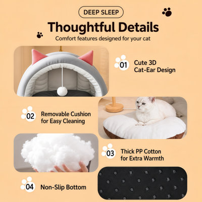 Cartoon Animal Shaped Semi-Enclosed Cat Cave Bed, 2-in-1 Foldable Soft Plush Pet Hut with Detachable Washable Cushion Hanging Pom-pom Toy, Anti-Slip Bottom Four Season Warm Nest for Kittens Small Dogs, Multiple Styles Available
