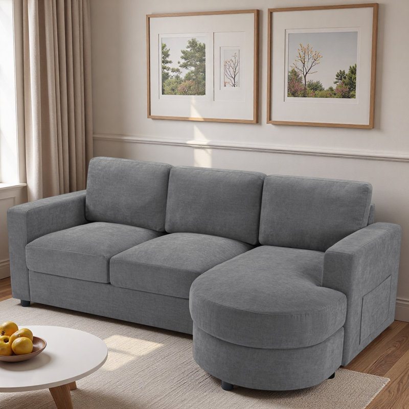 Modern L-shaped Sectional Sofa With Curved Chaise Lounge, Usb Ports And Side Storage Pockets, Gray Chenille