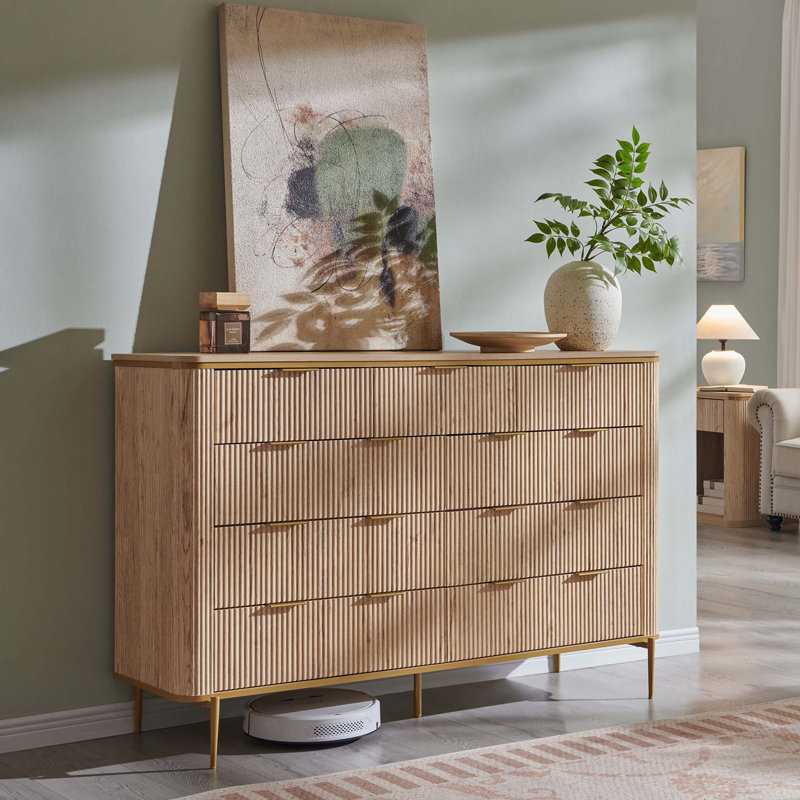 Fluted 9 Drawers Dresser Modern Wooden Top Chest Of Drawers, Natural Oak