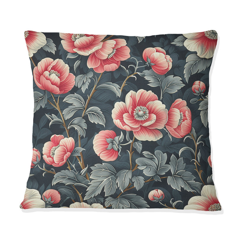 Coussin décoratif rouge et vert à motif floral Serenity I, H 16 po x l 16 po