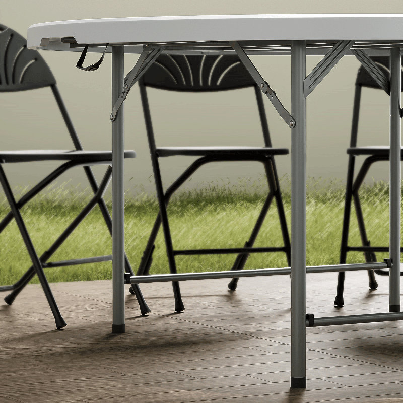 Table ronde en plastique pliable ronde avec cadre en acier pliable et poignée de transport, H 29,5 po x L 60 po x P 60 po