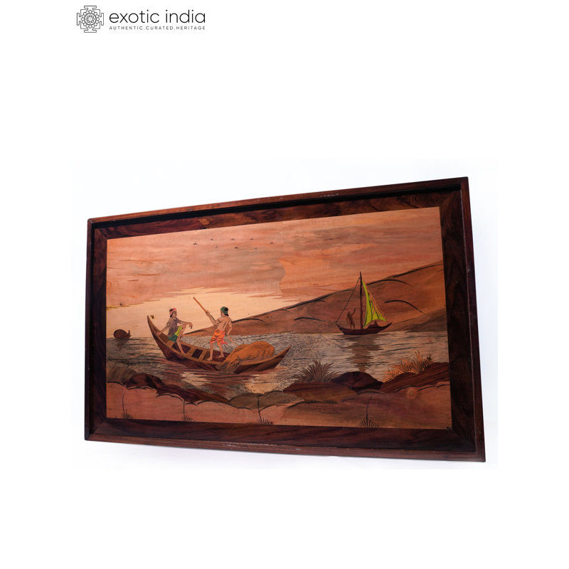 Panneau mural incrusté de bois 31 "à motif nautique 3D de 31 pouces - Art populaire maritime indien pour le décor côtier
