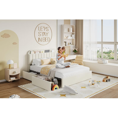 Structure de lit plateforme double avec tête de lit bibliothèque et 2 tiroirs, lit pour enfant rembourré Boucle, aucun sommier requis, blanc ivoire