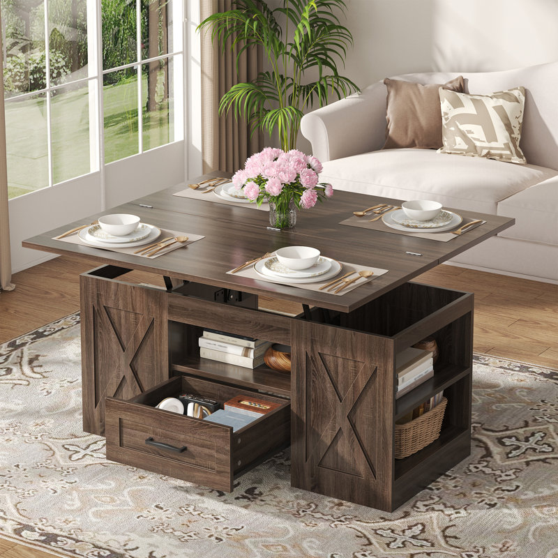 Lift Top Coffee Table, 39.37" Large Wooden Farmhouse Coffee Table With Drawer & Open Storage Shelves, Rectangular Living Room Table, Center Table For Living Room, Home Office, Walnut