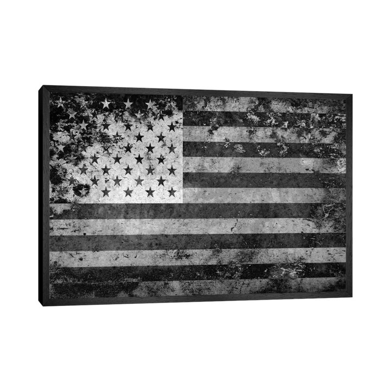 Usa "Melting Film" Flag In Black And White I - Print on Canvas, Black Floater Framed, 101.6 cm H x 66.04 cm W