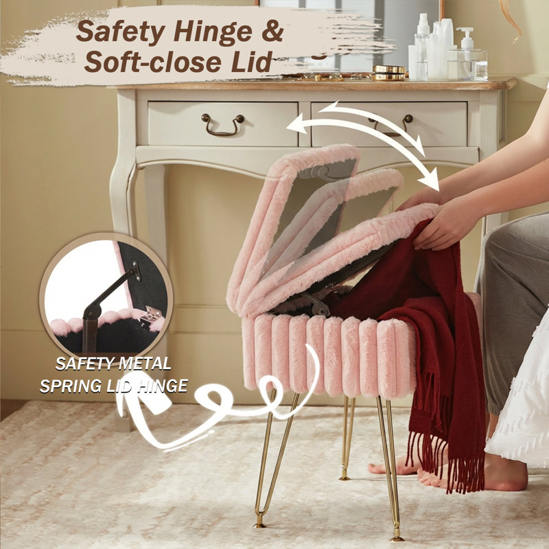 17.3" Faux Fur Vanity Stool with Storage, Metal Legs Dressing Bench for Bedroom, Pink