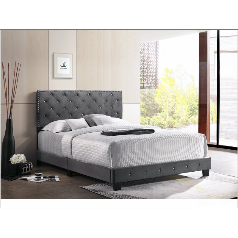 Structure de lit moderne avec tête de lit pour la chambre à coucher, Gris, Grand lit