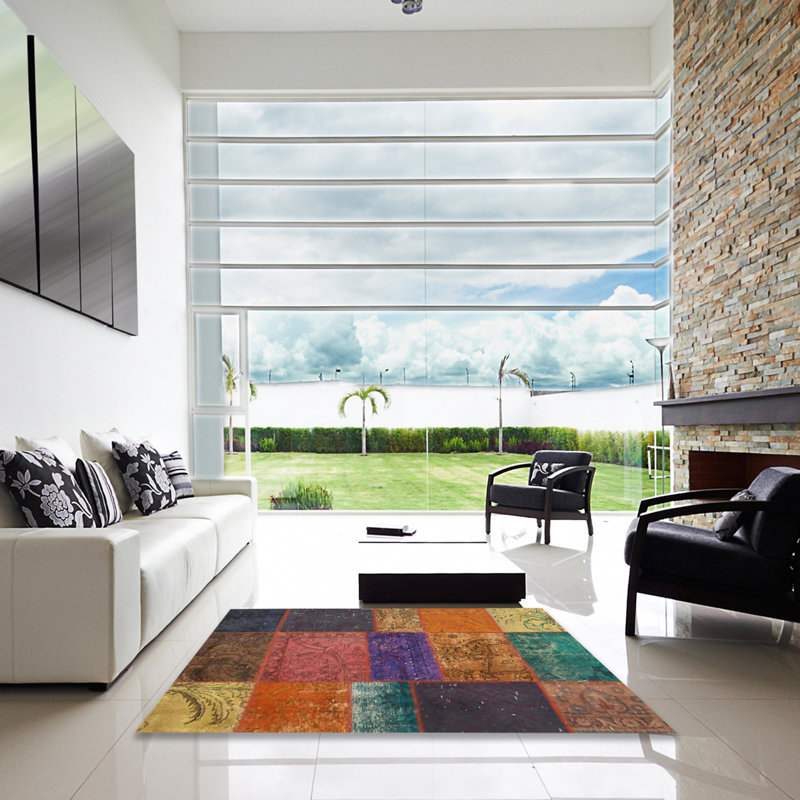 Tapis patchwork orange / jaune / turquoise, Carré 5 pi