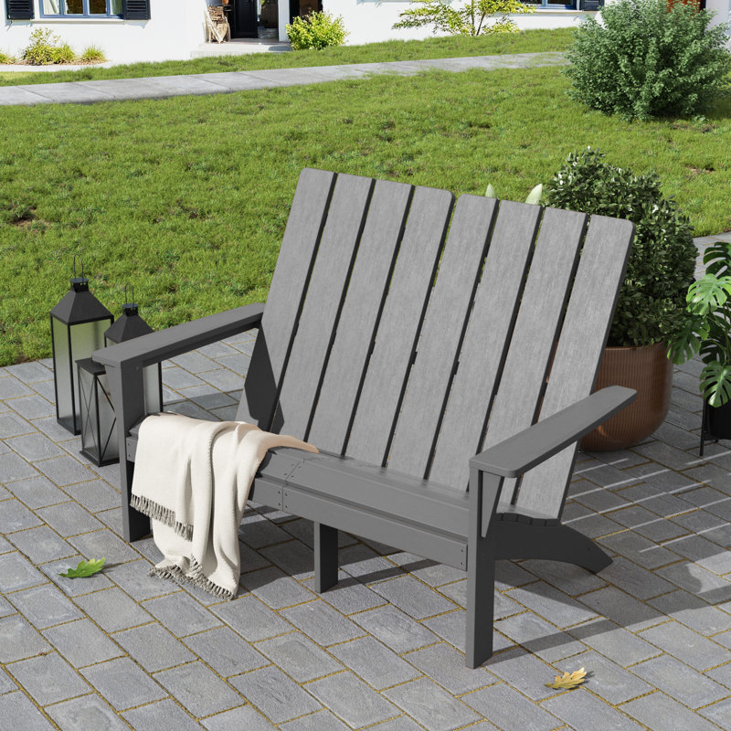 Modern All-Weather Adirondack Outdoor Loveseat For Patio, Garden, Deck, Porch, Or Backyard Seating, Gray