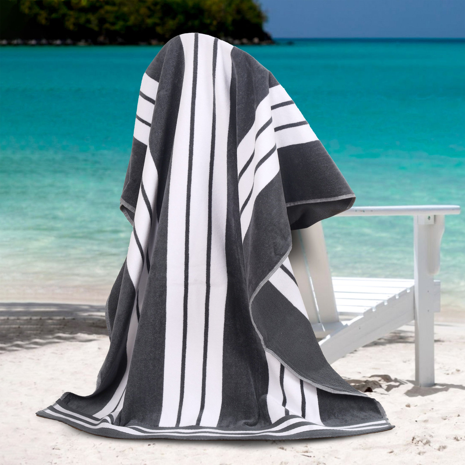 Chira Striped Cotton Beach Towel, Charcoal, Beach Towel - 1 Pack