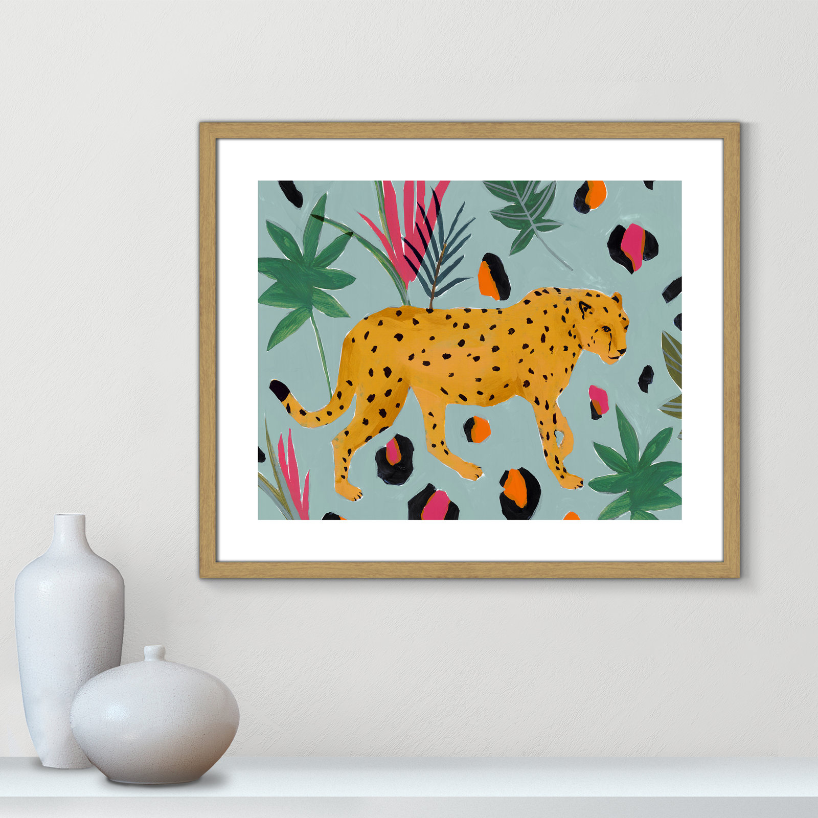 Walking Cheetah II by Isabelle Z - Painting Print, 21.5" H x 25.5" W x 0.75" D, Beige Wood Framed Paper