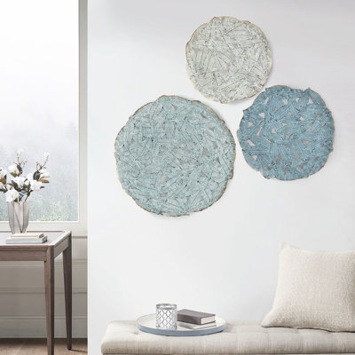 Blue Textured Feather 3 Metal Wall Hanging Decorative - 20", 17.25", 14.25" , For Indoor Disc Decoration Art Use