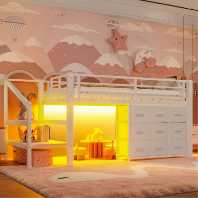 Twin Low Loft Bed with Multi-Storage Spaces, Including Fabric Drawers, Fabric Shelves Beside the Bed, Storage Stairs, Metal Loft Bed with Lights and Ample Under-bed Spaces, White