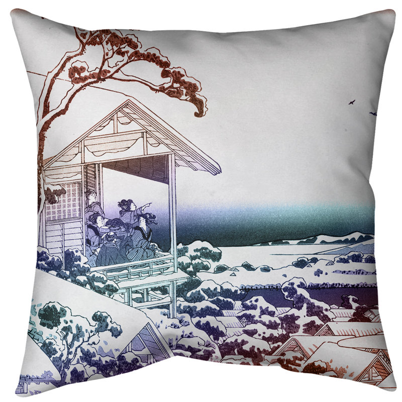 Coussin Tea House at Koishikawa, 14 po x 14 po, Duvet synthétique, Rouge / dégradé bleu