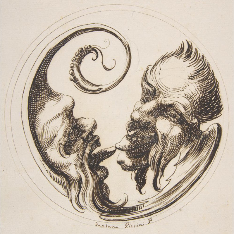 "Two Grotesque Heads Facing One Another and Touching Tongues Within a Circle" by  Gaetano Piccini - Gallery Wrap Canvas Wall Art