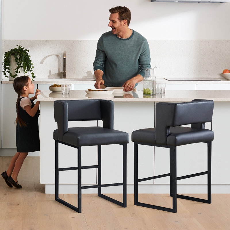 Faux Leather Upholstered Counter Bar Stool (Set of 2), Black, Black