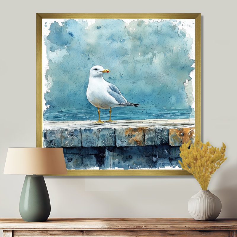 «Baani Seagull On The Dock I», art mural sur toile, H 36 po x l 36 po, Reproduction encadrée d'une seule photo, Doré