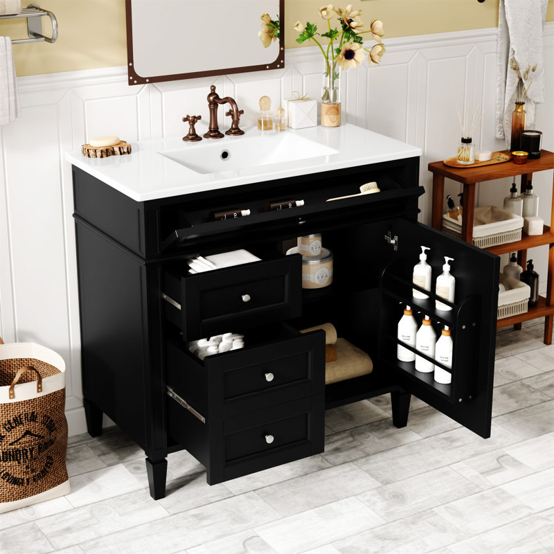 36'' Bathroom Vanity With Top Sink, Argent argent, Noir, noir, noir, noir