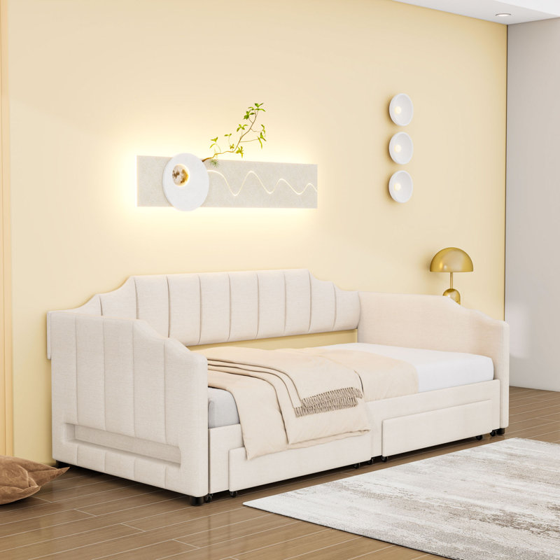 Twin XL Upholstered Daybed with Extendable Trundle, Built-In LED Lighting and Storage Drawers, Beige