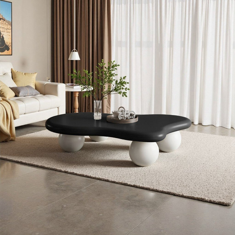 Table basse en forme de nuage avec 3 pieds sphériques pour le salon et pieds noirs, 11.7" H x 40" L x 26.8" W, Noir, Blanc