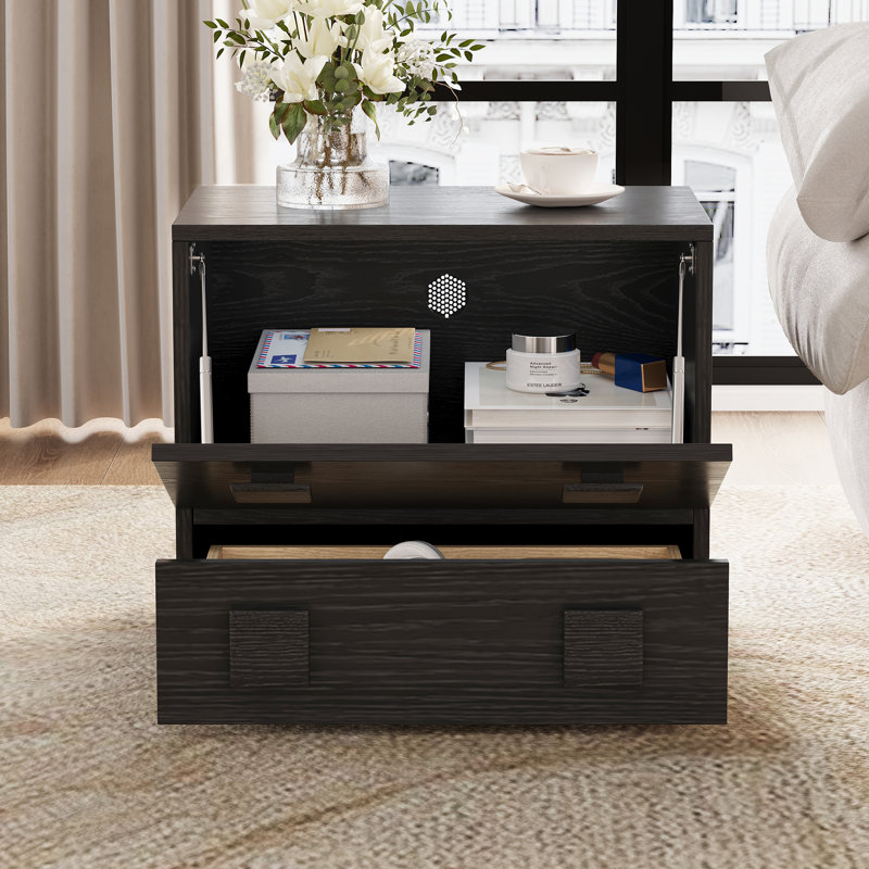 Meuble télé modulaire en bois noir, unité de rangement empilable avec tiroir et compartiment rabattable, sans assemblage (une pièce)