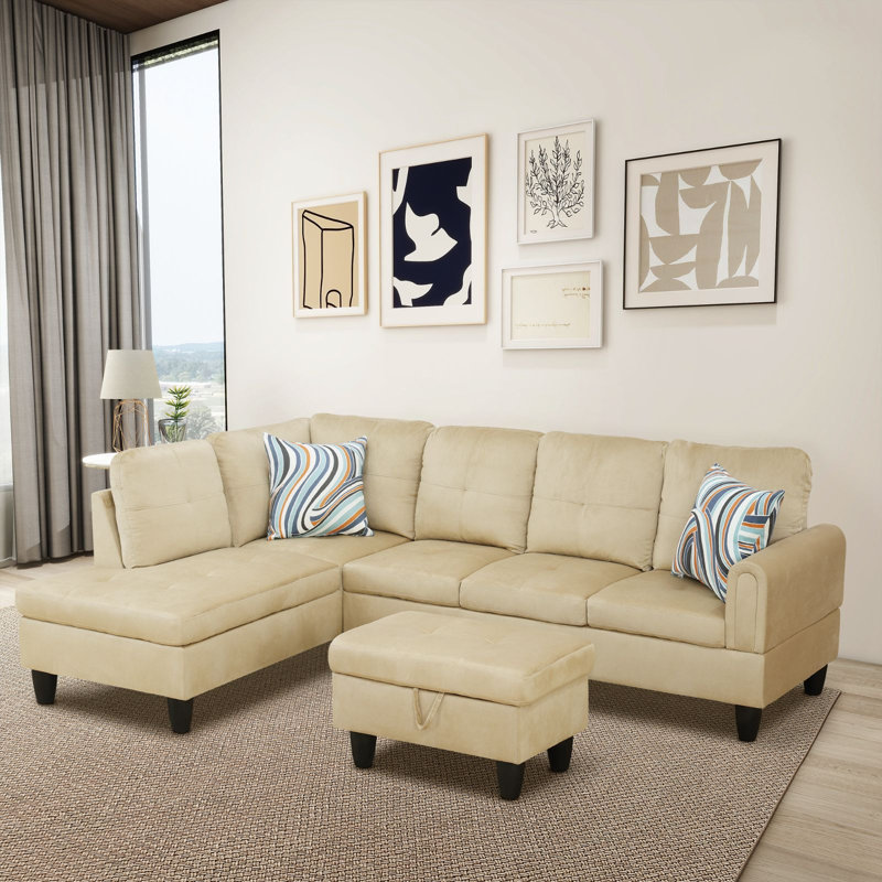 Straton 3 - Piece L-Shaped Modular Living Room Sectional Sofa with Ottoman, Beige Velvet,  Left Hand Facing