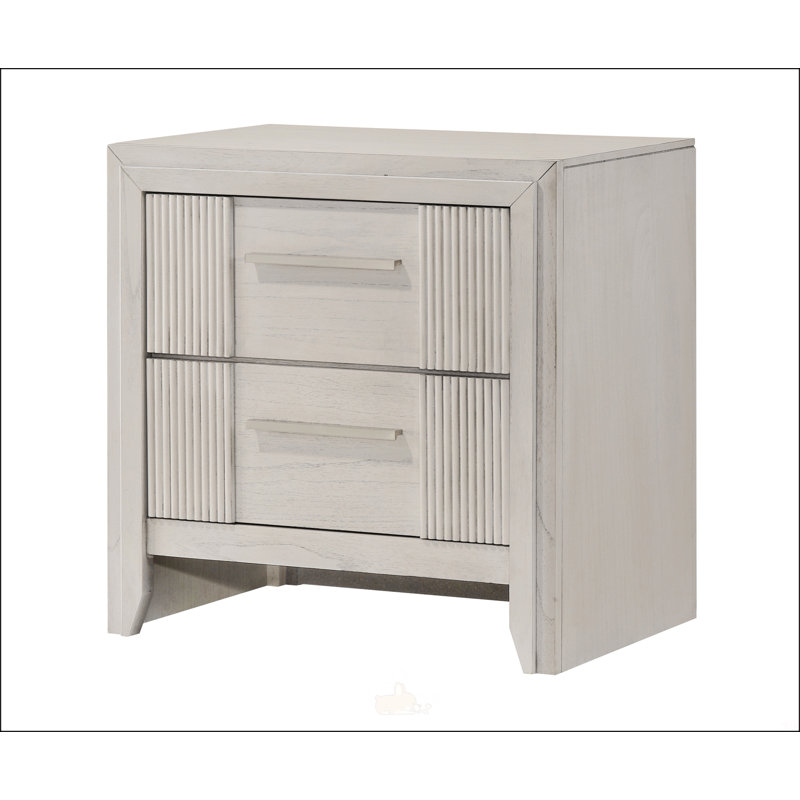 Table de chevet contemporaine à 2 tiroirs avec finition blanche brume, parfaite pour les chambres modernes et un rangement efficace.
