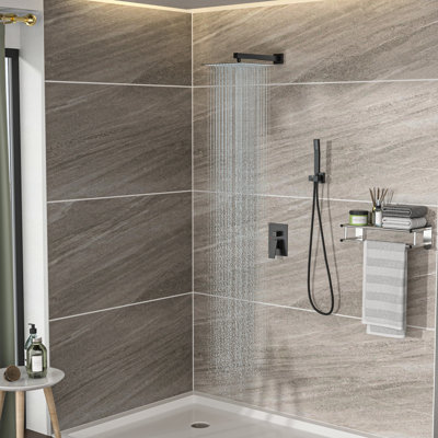 10 Inch Wall Mounted Dual Shower - Matte Black With Rainfall And Handheld Shower, 1.8 Gpm, Stainless Steel, Noise-Reduction Design Head Kit Black, Mounted, Handheld, Includes Installation Instructions