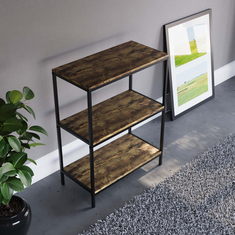 Sylvie 3 Tier Industrial Style Bookcase Living Room Shelving Unit With Metal Frame, Dark Wood
