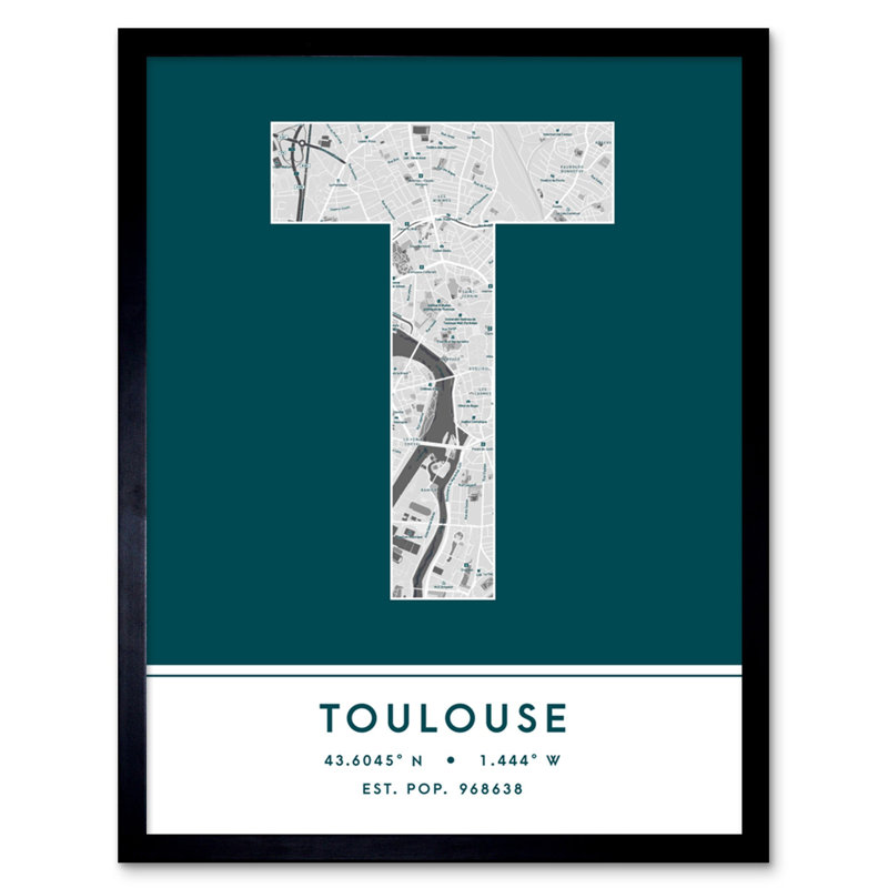 Toulouse City Map Toulouse Teal 1 Piece Single Picture Frame Wall Art