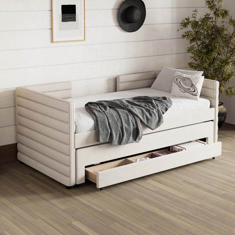 Willowmere Twin Size Upholstered Daybed with Trundle & 3 Storage Drawers, Beige