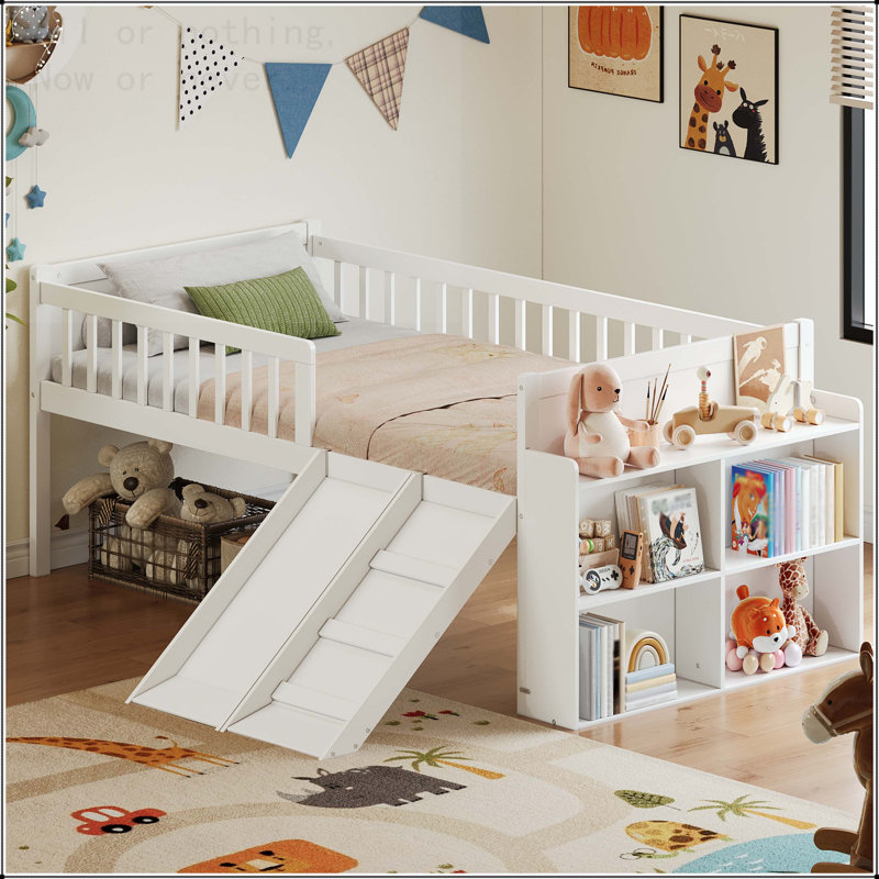 Twin Size Bed Frame with Storage Shelf, Slide, and Ladder, White