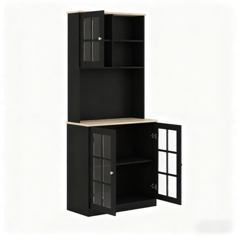 Freestanding Cabinet, Kitchen Pantry Storage Cabinet With Glass Doors And Adjustable Shelves For Dining Room, Black
