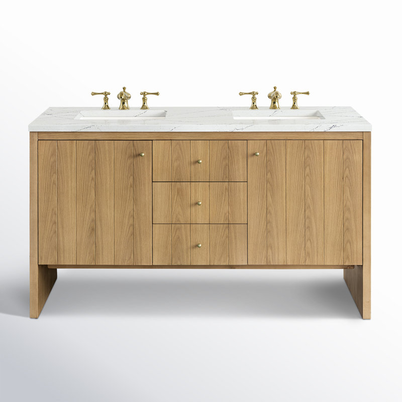 Meuble-lavabo double 60 po Hudson, Noctis éthéré, 8 po, Chêne clair naturel