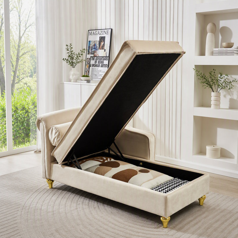 Chaise longue en velours beige avec rangement caché et pieds dorés, Velours beige