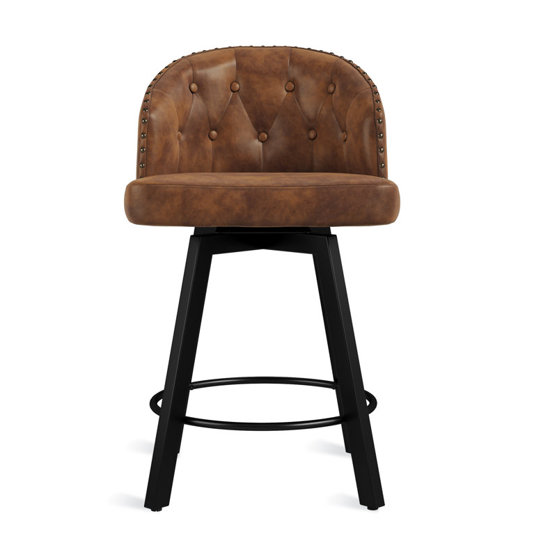 26" Swivel Upholstered Counter Stool With Backrest and Metal Frame, Brown/Faux Leather