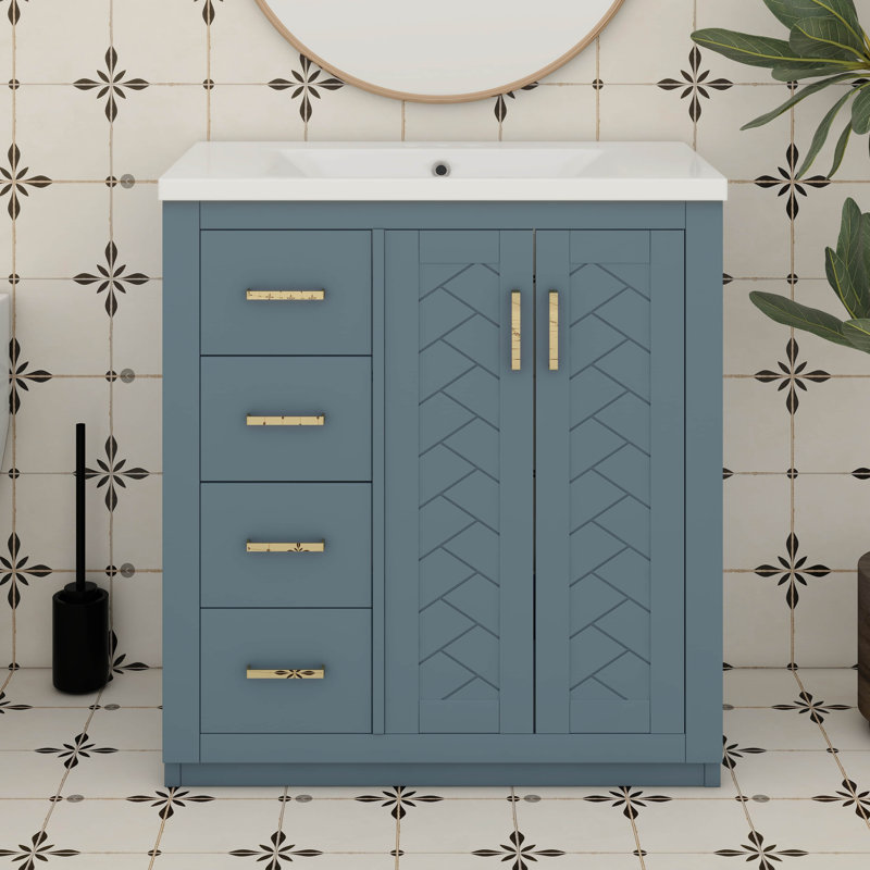 Meuble-lavabo de 30 po avec lavabo en céramique, 3 tiroirs et 2 portes, Bleu