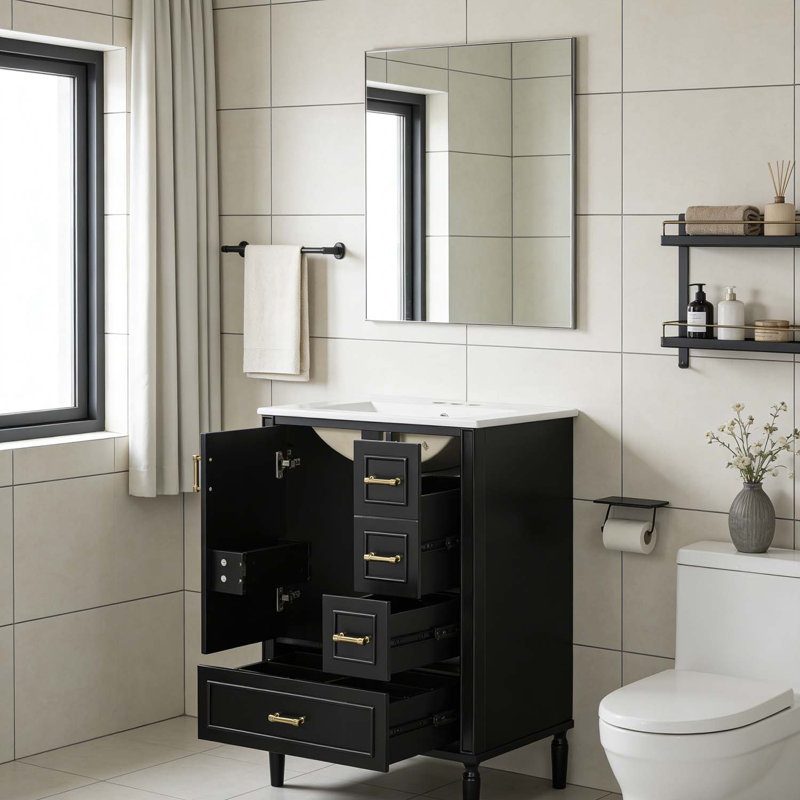 Modern Bathroom Vanity with Ceramic Sink,Soft-Close Door,and Multiple Drawers, Black