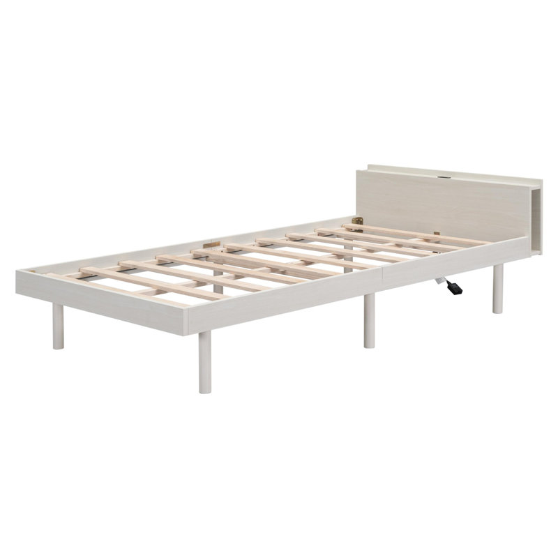 Bed Frame With Built-in USB Port on Shelves Headboard, White Washed