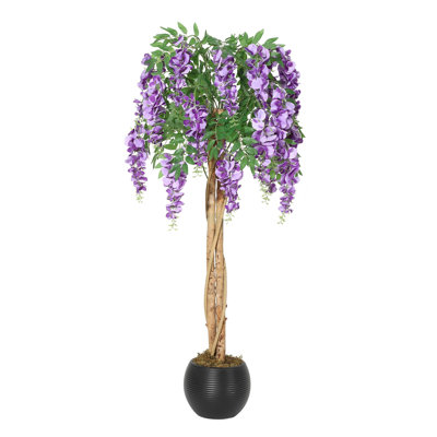 Arbre à fleurs artificiel mauve 5 pi, plante en soie artificielle avec pot de ciment, décor de mousse de vigne suspendue réaliste pour bureau photo de mariage